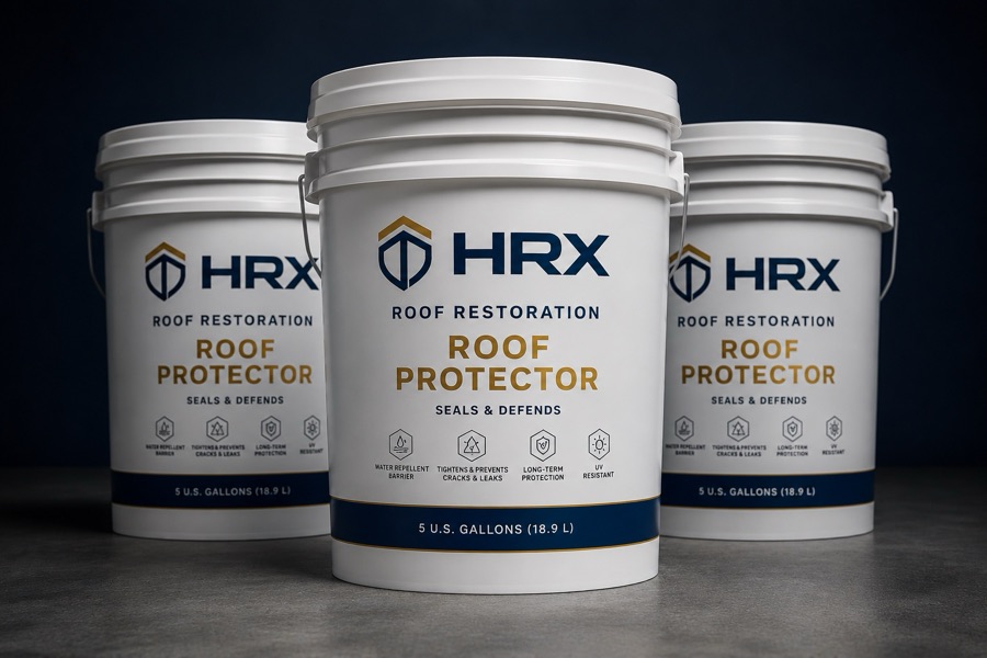 Three white 5-gallon pails of HRX Roof Protector on a concrete floor